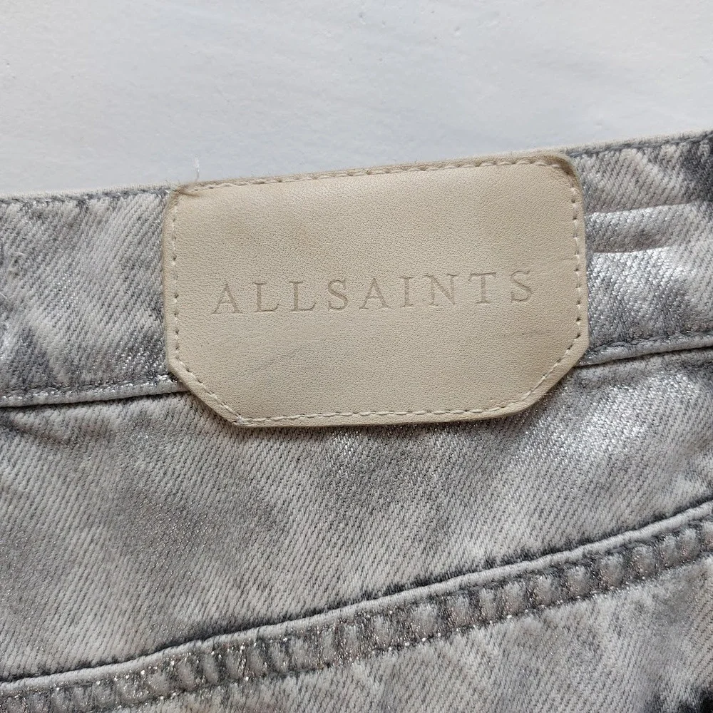 AllSaints Louie Long Shorts Women's 26 Silver Metallic Foil Denim Bermuda Street
